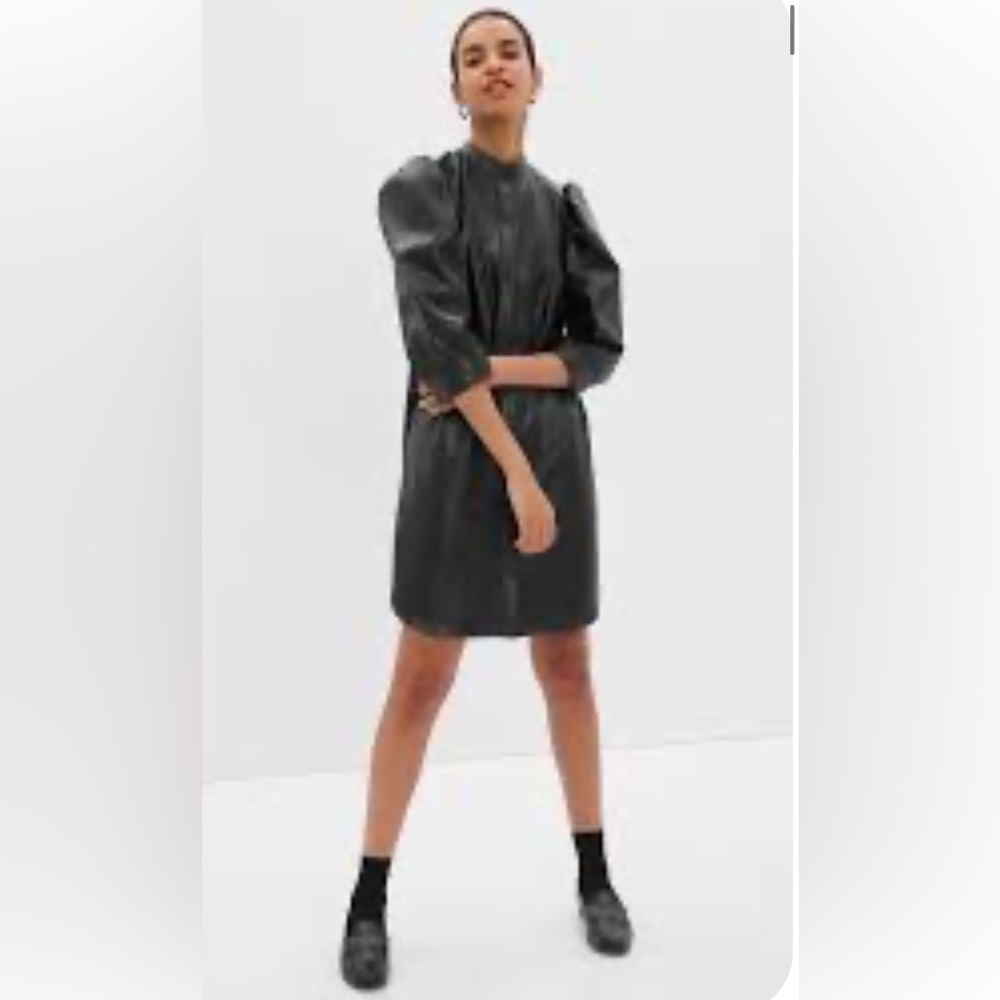 Puff Sleeve Faux-Leather Mini Shirtdress